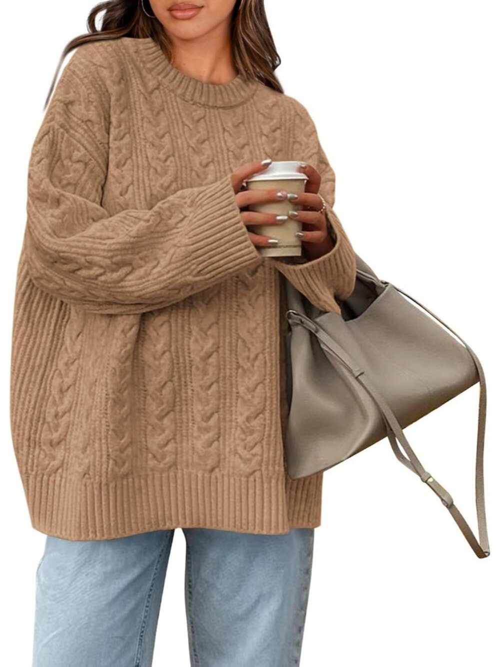 Women's Khaki Cozy Soft Chunky Textured Knit Crewneck Oversized Fashion Sweaters